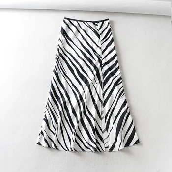 

2020 New Women Vintage Striped Print Hem Split Midi Skirt Faldas Mujer Ladies Chic Elastic Waist Satin Mid-calf Skirts