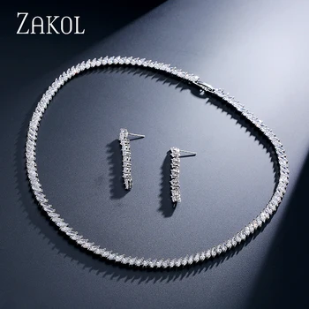 

ZAKOL Trendy Marquise Top Quality CZ Zirconia White Color/ Gold-color Necklace and Earrings Set For Women Wedding FSSP229