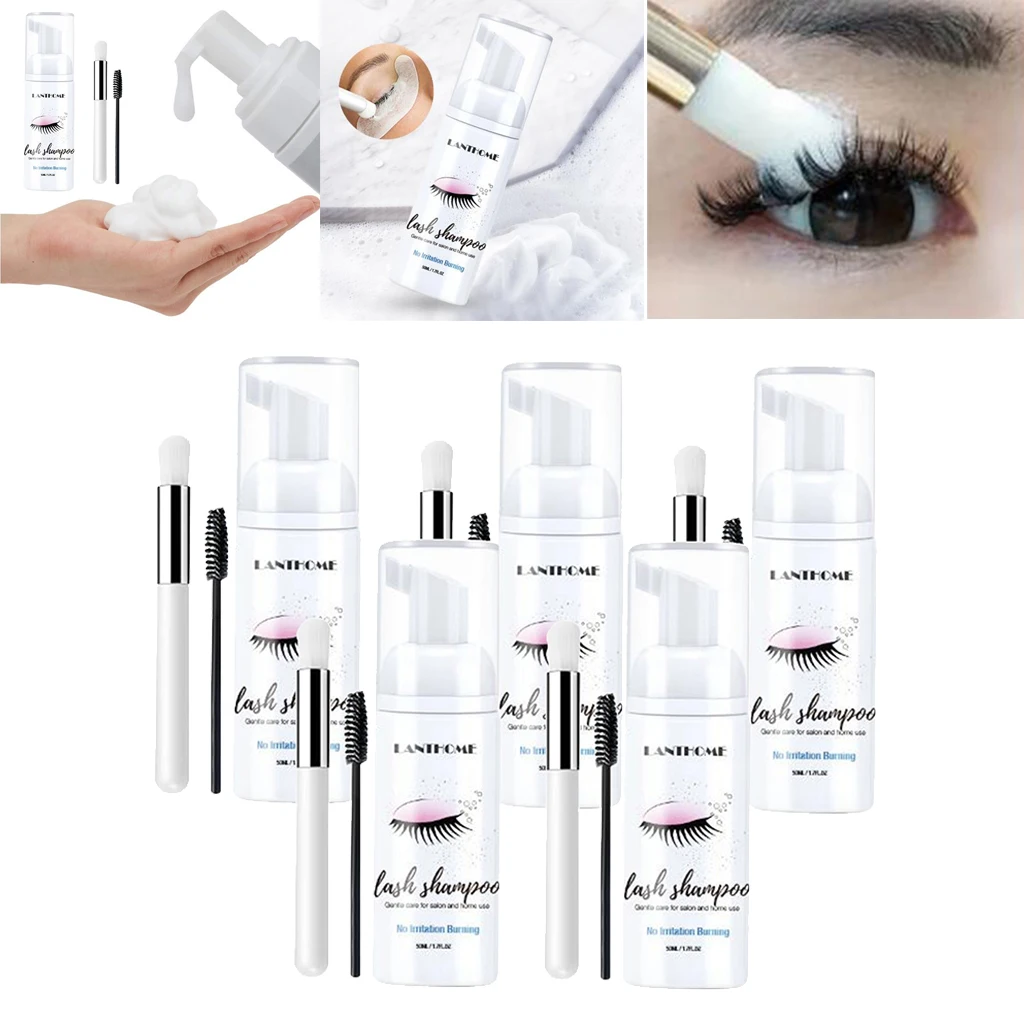 5pcs Eyelash Extension Shampoo 50ml Salon Mousse Foam Cleanser Eyelash Extensions Brush Shampoo Kit Eye Lash Cleaning Foam