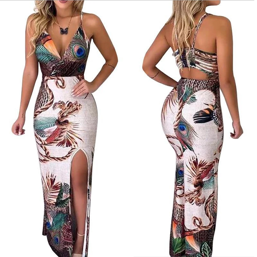 MIANHT Womens Summer Dresses Peacock Feather Printing V Neck Cold Shoulder Maxi Dress Short Sleeve Side Slit Waist Tie Dress