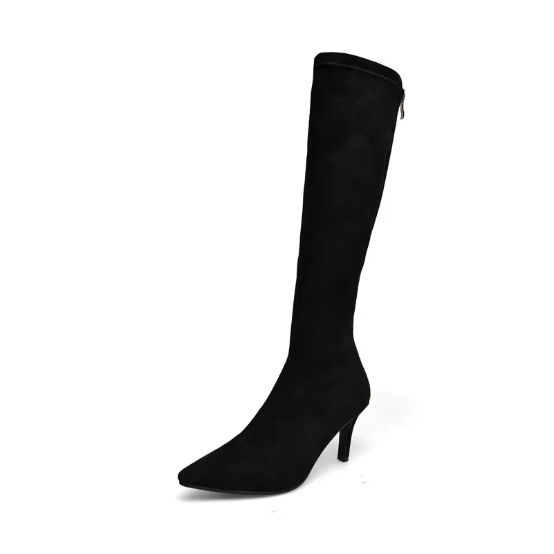 Black Synthetic Lini Meotina-зимние сапоги до колена; женские высокие сапоги из флока на тонком высоком каблуке; обувь с острым носком на молнии; Женская Осенняя обувь черного цвета; размеры 34-39 - Цвет: Black Synthetic Lini