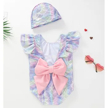 

Cute Baby Girls Swimwear Fish Scales Pattern Swimming Cap Set Strap Sunsuit Summer Beachwear Outfit a
