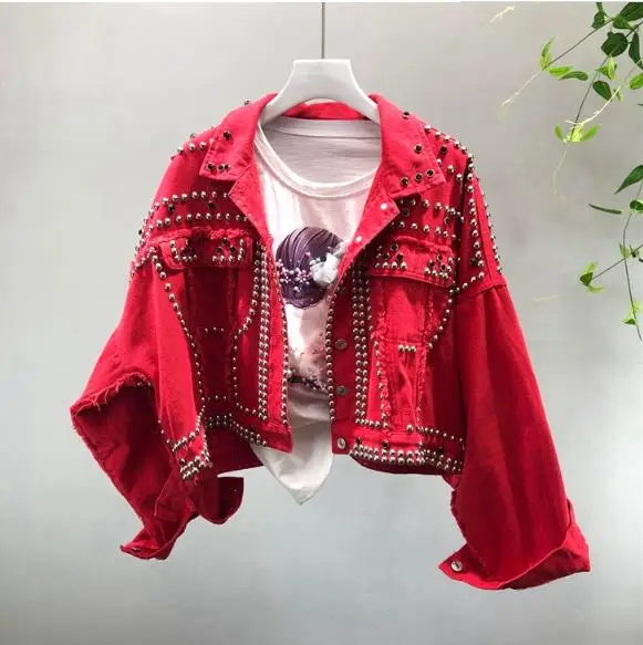 

Spring Autumn High Quality Women's Red Denim Jacket Coat Hand Beaded Rivet Short Black Jean Jackets Basic Coats Outfit WF005