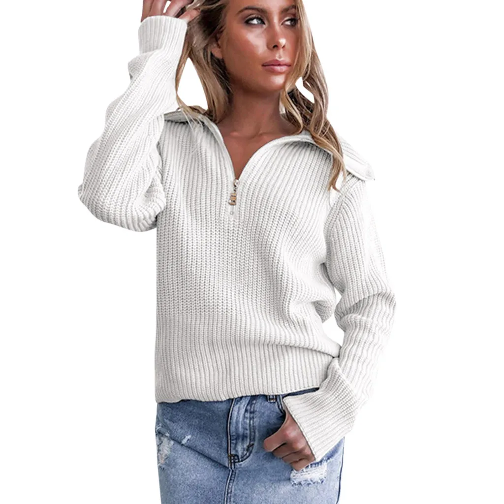 Осенне-зимний модный женский пуловер Свитера Однотонный свитер с длинными рукавами на молнии вязаный свитер Топы pull femme