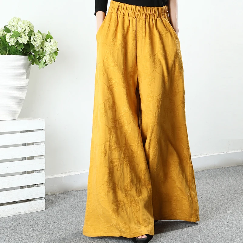 yellow GCC2238 TVVOVVIN, высокая талия, хлопок, лен, размера плюс, брюки, женская одежда,, модные, корейские, с карманами, эластичная талия, широкие штаны, новинка, X599 - Цвет: yellow GCC2238