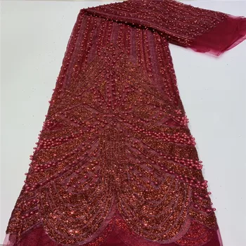 

Latest Nigerian Net sequins/beads red Laces Fabrics High Quality Tulle African Laces Fabric Wedding French Tulle Lace Material
