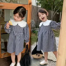 Платье для маленьких девочек весенне-осенние платья принцессы в клетку с длинными рукавами и оборками детская одежда для От 1 до 5 лет