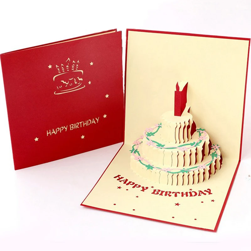 ORIGAMI POP CARDS Birthday Cake in Red  3D Pop Up Greeting Card Blank Fun Love