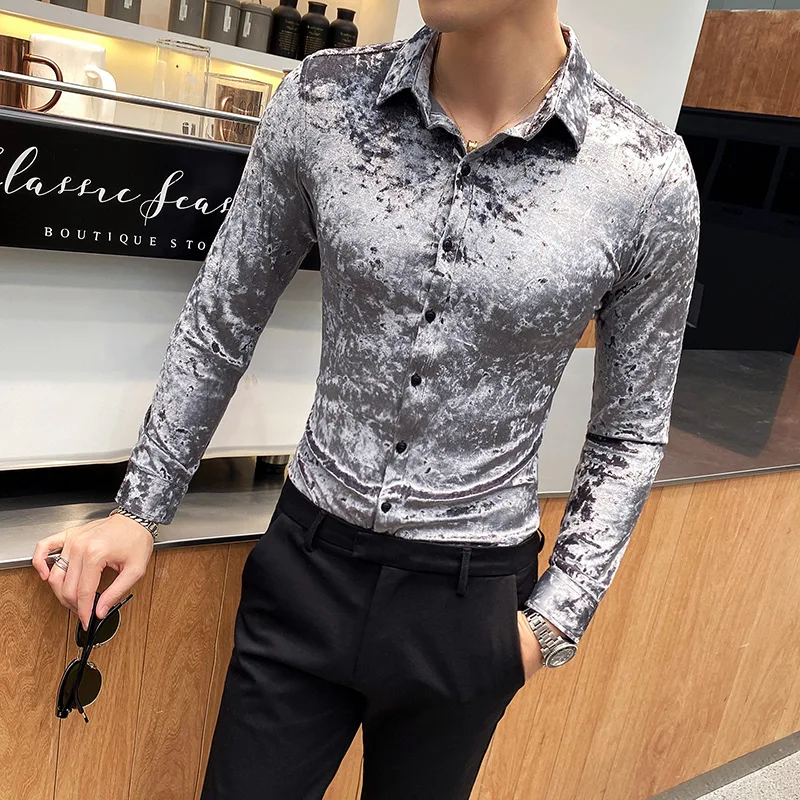 Blue Velvet Shirt Men Slim Fit Mens 