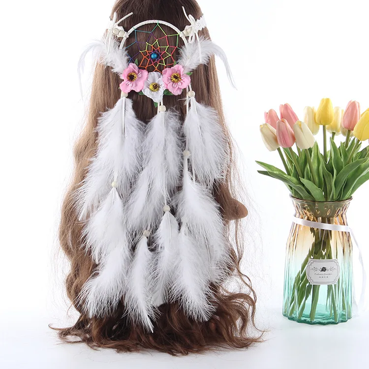 Женская регулируемая повязка на голову с перьями белая лента для волос ручной