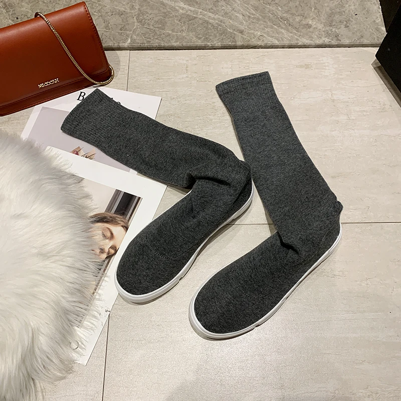 Black Gray Over The Knee Knitted Elastic Socks Boots Women Casual Non Slip Winter Long Thigh High Boots for Girls