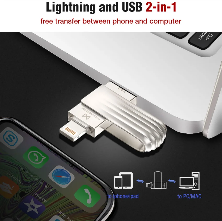 Moweek USB флэш для iphone X Xs Max 8 7 6 ipad USB крутая Флешка 16 ГБ 32 ГБ 64 ГБ 128 ГБ флеш-диск USB 2,0 для iphone