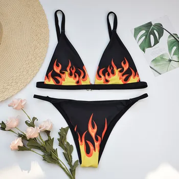 

Women print Bikini 2pcs Set Push-up fire Print High Waist Beach Swimsuit bandeau Padded Bathing Suit Swimwear Brazilian bikini#C