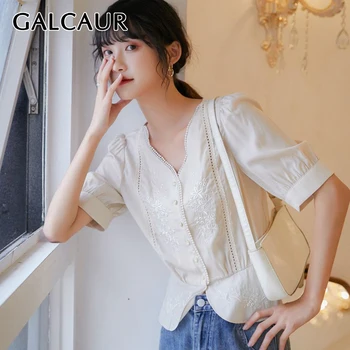 

GALCAUR Vintage Embroidery Shirt For Women V Neck Short Sleeve Patchwork Ruched Elegant Shirts Female 2020 Summer Fashion New