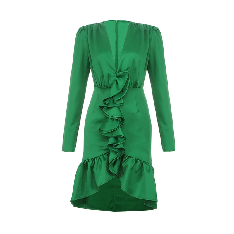 Tanie TWOTWINSTYLE patchworkowa pomarszczona sukienki kobieta V Neck Puff z długim rękawem wysoka talia sukienka z nieregularnymi brzegami kobiety 2019 modna odzież