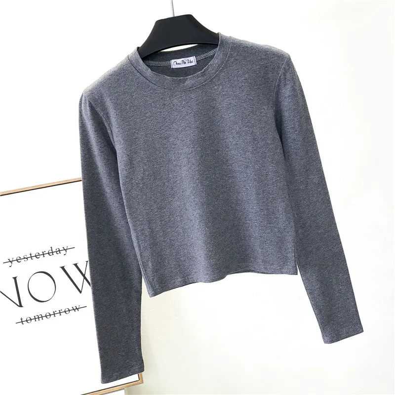 Sexy Black Cotton Large Sizes Womens Clothing O-Neck Long Sleeve Navel Autumn Base Womens Clothing Fashion Casual Ropa Mujer