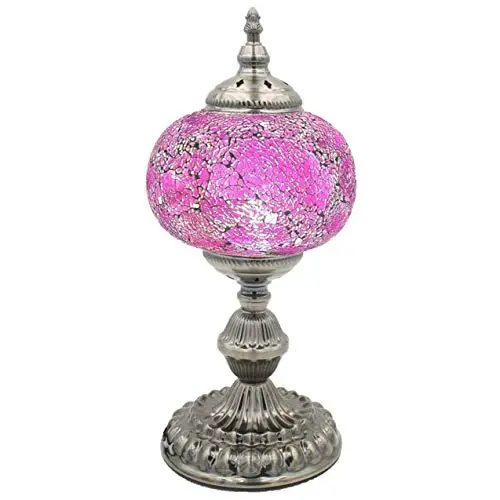 LaModaHome Mosaic Turkish Lamp Moroccan Glass for Table Desk Bedside Bronze Base Bundle with E12 Light Bulb-2 Sizes (Lavender Pu