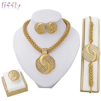 

Liffly Fashion Dubai Jewelry Sets Women Gold Big Necklace Nigeria Wedding African Crystal Bridal Jewelry Sets