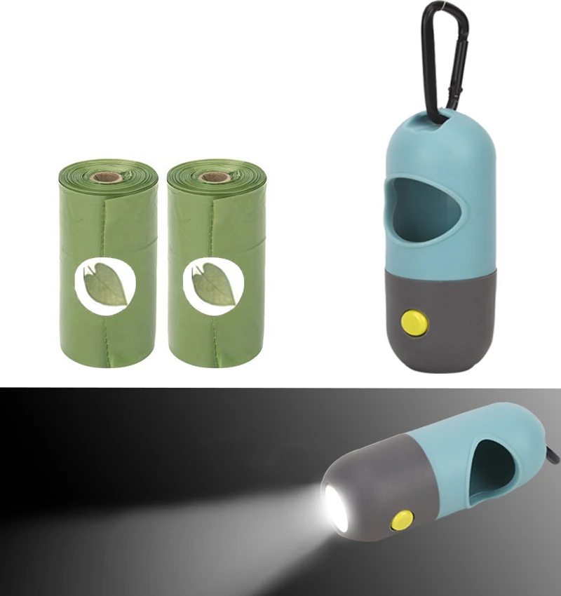 Dispensador de bolsas de caca de perro Degradable, bolsas de basura portátiles para mascotas, para exteriores, luz LED, ecológico, suministros de limpieza