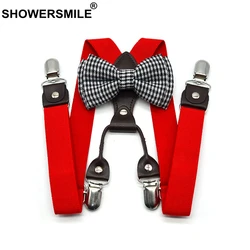 SHOWERSMILE Braces For Children Bowties Suspenders Set Unisex Kid Solid Red Boy Pants Strap 4 Clips Y Back Girls Suspenders 65cm