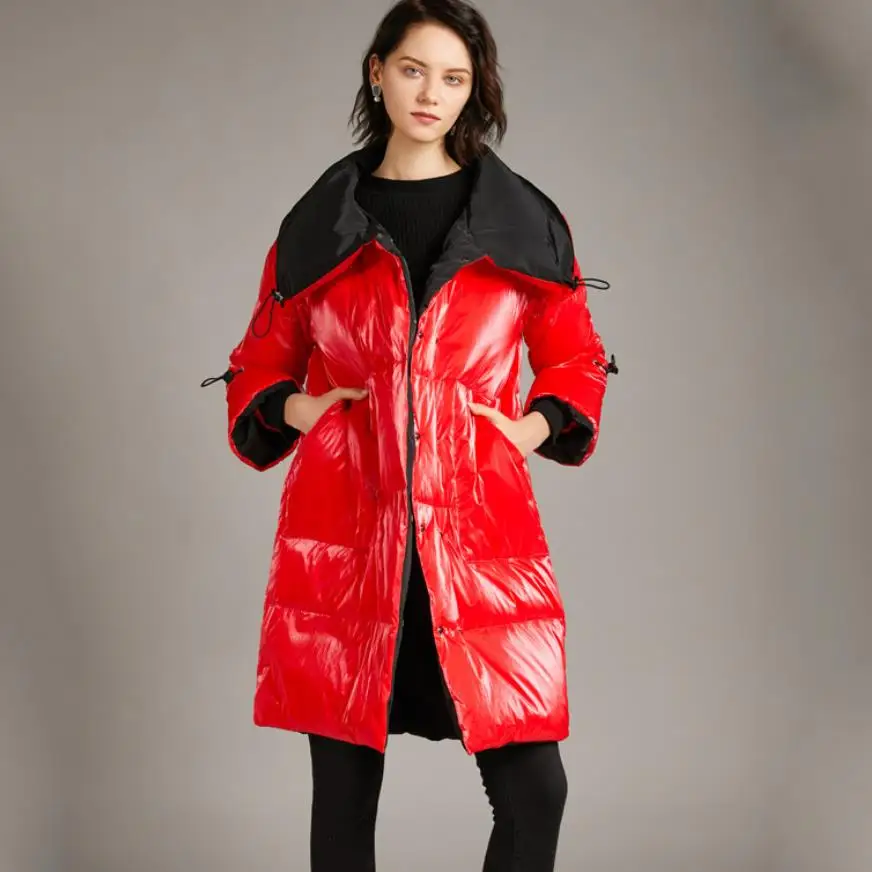 7XL размера плюс хит цвет глянцевая белая утка вниз пальто Женская мода негабаритных теплый с капюшоном вниз парки F523 дропшиппинг - Цвет: red