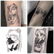 Cartoon Girl Waterproof Temporary Tattoo Sticker Female Black White Beautiful Girl Flower Arm Cat Art Fake Tattoo Fashion Tattoo