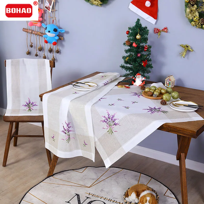 

BOHAO Purple Lavender Tablecloth Elegant Polyester Linen European Embroidered Party Decoration Coffee Table ClothTable runner