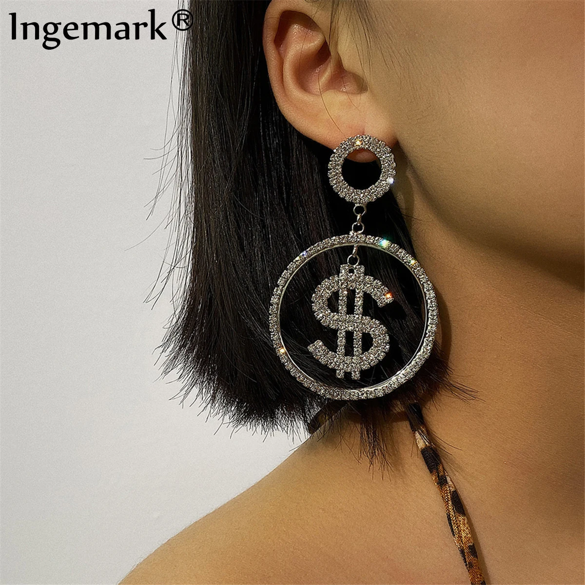 Ingemark Luxury Full Crystal Drop Earrings for Women Unique Big Geometric Round Dollars Shape Dangle Earring Jewelry Accessories