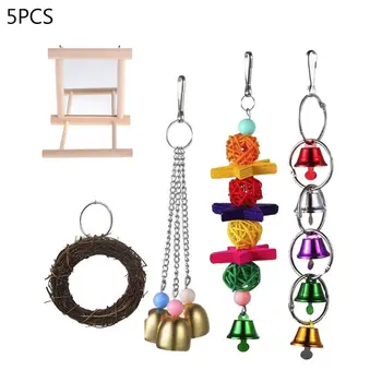 

5Pcs Hanging Bird Toy Bell Rattan Ball Mirror Perch Swing for Parrot Conure Chew Y5GA