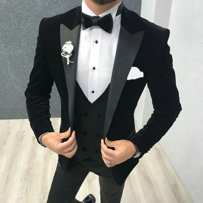 2020 Black Velvet Men Suits For Wedding Groom Blazer Tuxedo Smoking Jacket 3Piece Slim Fit Costume Homme Terno Masculino | Мужская