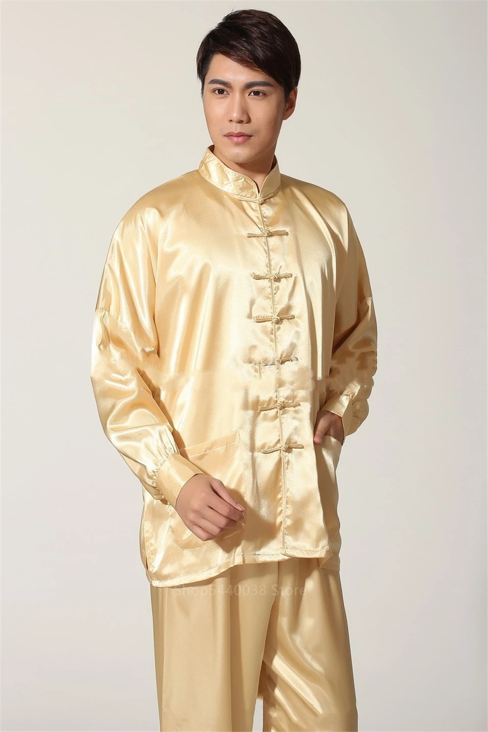 Китайская Новогодняя одежда для мужчин, сатиновые однотонные костюмы Wu Tang Clan с длинным рукавом, традиционный Cheongsam, топ и штаны, комплект одежды