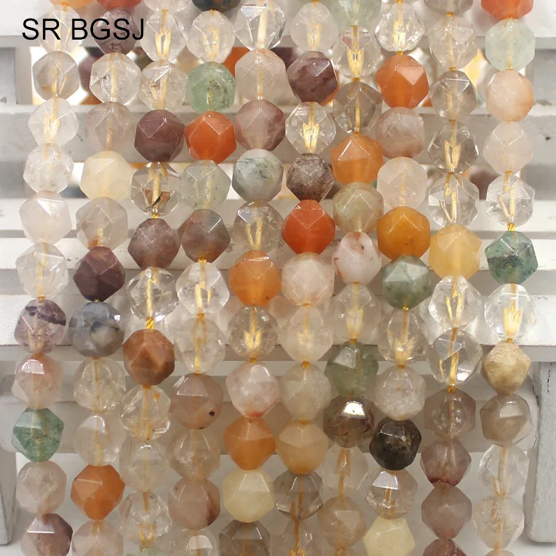 Free Shipping 6mm 8mm 10mm Faceted Round Polygonal Gems Genuine Natural Stone Mixed Rutilated Quartz Beads Strand 15&quot|bead strands|quartz