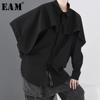 

[EAM] Women Black Split Joint Big Size Blouse New Lapel Long Sleeve Loose Fit Shirt Fashion Tide Spring Summer 2020 1S23501