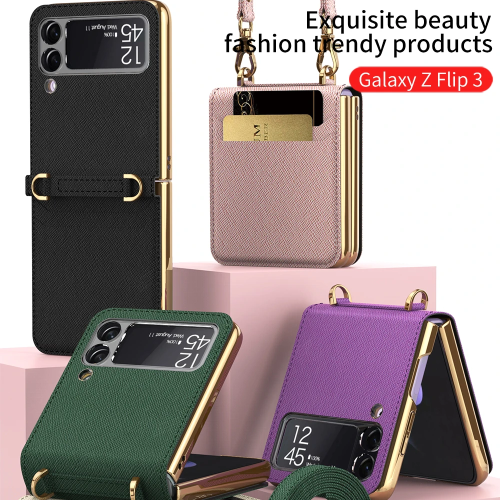 Luxury Phone Case For Samsung Galaxy Z Flip3 Magnetic Leather Band Makeup Mirror Function Women S Cross Body Bag For Z Flip 3 Phone Case Covers Aliexpress