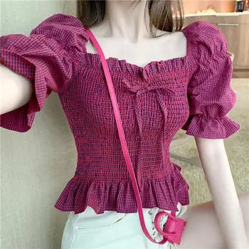 

Stretchy Plaid Shirt Summer Sweet Ruffles Vintage Square Collar Cropped Blouses Women Short Puff Sleeve Crop Tops For Girls