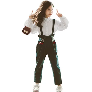 

Teenage Clothes Cherry Embroidery Shirt + Jumpsuit 2 Pcs Kids Clothes Lantern Sleeve Suit For Girls Spring Casual Girls Clothes