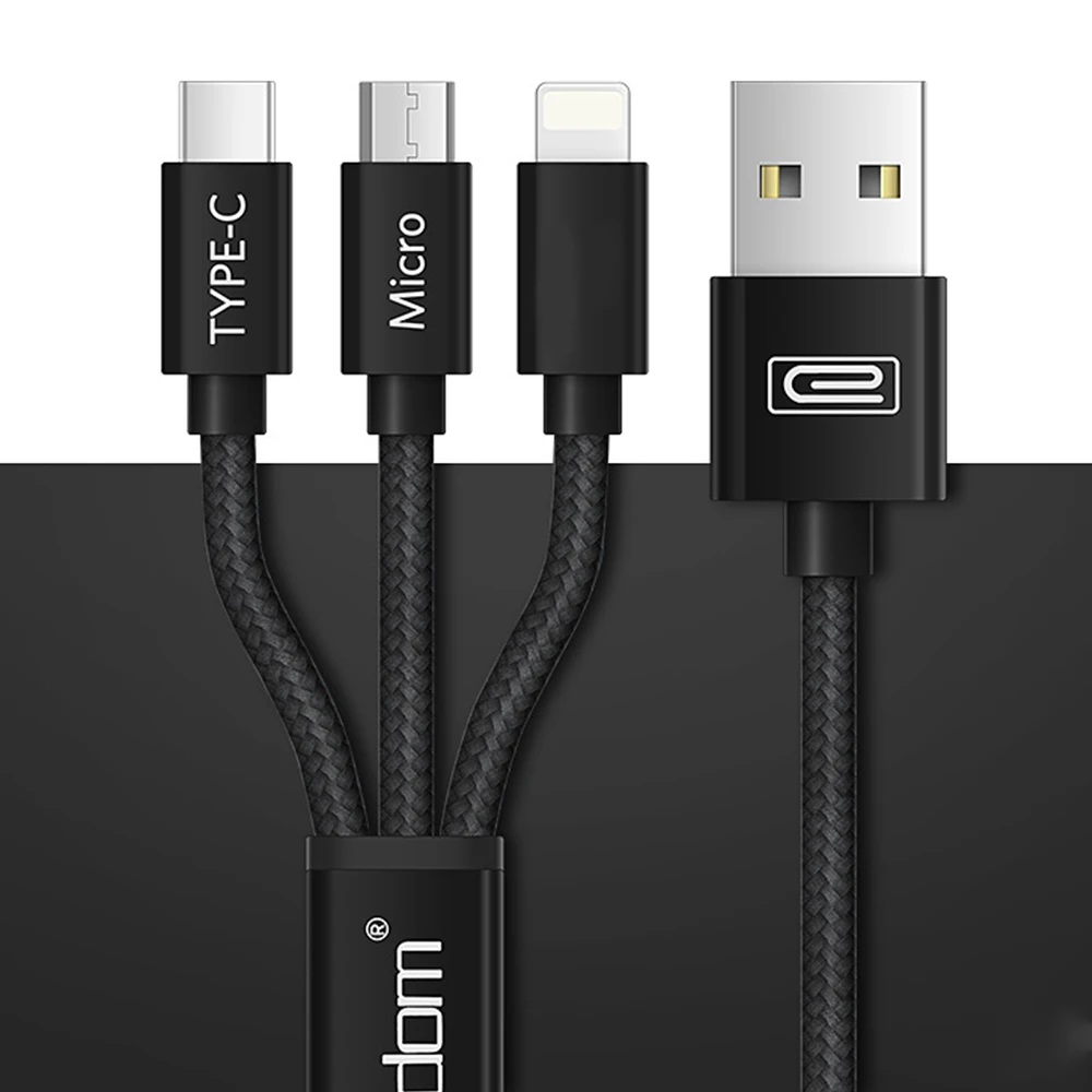 FDBRO 3 в 1 быстрая зарядка usb type C кабель для huawei Xiaomi samsung S10 A50 телефон USB кабель для Iphone 6 7 XS Micro USB кабель - Цвет: Черный