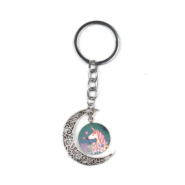 

Glass Dome Lovely Unicorn Keychain Moon Pendant Key Rings DIY Customized Kids Jewelry Gift