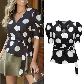 

Casual Short Tops With Belt Women Fashion Shirt Tops Polka Dot Printed V Neck Sexy 2020 Spring And Summer New Female Blouses