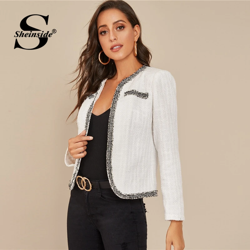Finest Sheinside White Contrast Binding Tweed Jacket Women 2019 Autumn Elegant Workwear Outerwear Office L