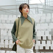 Johnature, осенняя Женская одежда, новинка, милый вязаный свитер без рукавов, жилет в Корейском стиле, повседневные однотонные свободные свитера с круглым вырезом