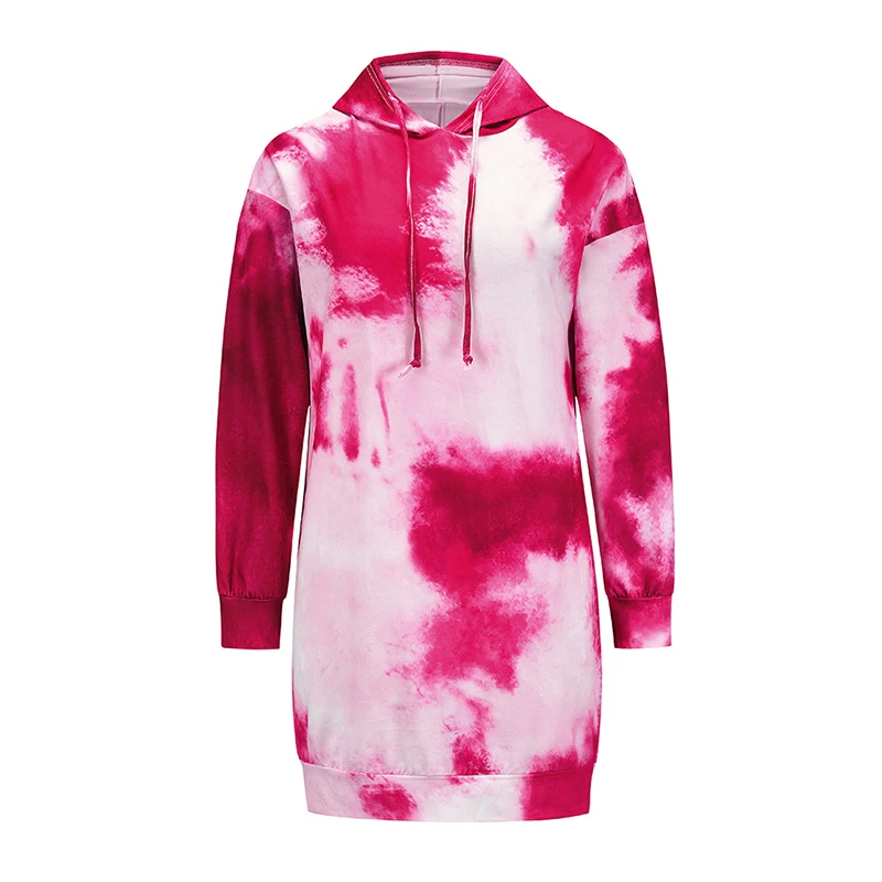 

Popular Women Hoodie Dress Tie-Dye Printed Streetwear Long Sleeve Dresses Casual Loose Pullover Vestidos Hot Sale