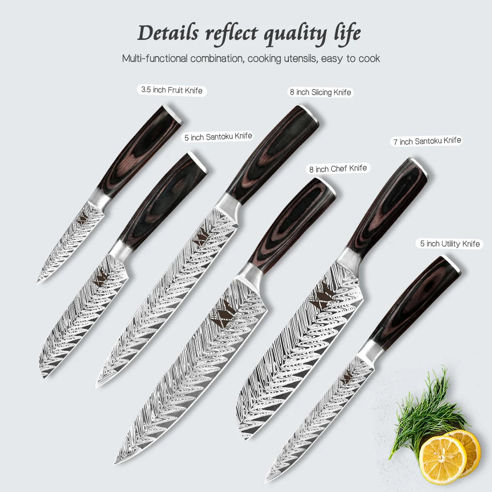 XYj Kitchen Stainless Steel Knives Set Chicken Bone Scissor Shear Damascus Veins Blade Wood Handle Knife Cooking kitchen | Дом и сад