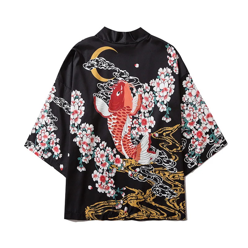 

2020 Black Japanese Harajuku Fish Flower Kimono Women Fashion Cardigan Summer Spring Yukata Asian Clothes Costume Loose Shirt
