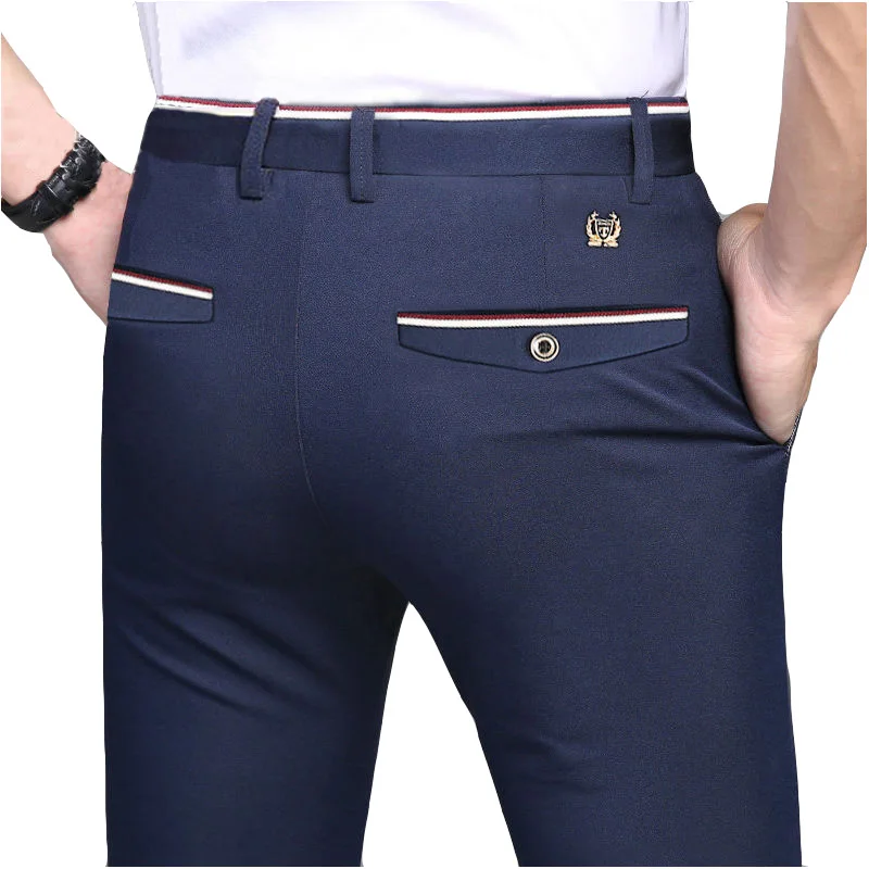 Pantalones de vestir elegantes para hombre, pantalón largo liso, corte entallado, negro, 2019