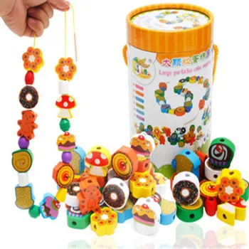 

70 Pcs/Set Wood Block Animal Fruit Wearing Rope String Beads DIY Baby Hand Work Kid Game Barreled Brinquedos Oyuncak Wooden Toy