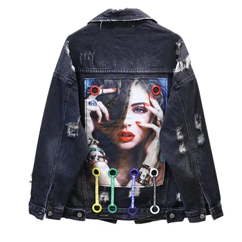 

2020Spring Autumn Street Cowboy Coat Jacket Girls Student Broken Hole Loose BF Wind Denim Coats Outwear Women Black Jeans Jacket