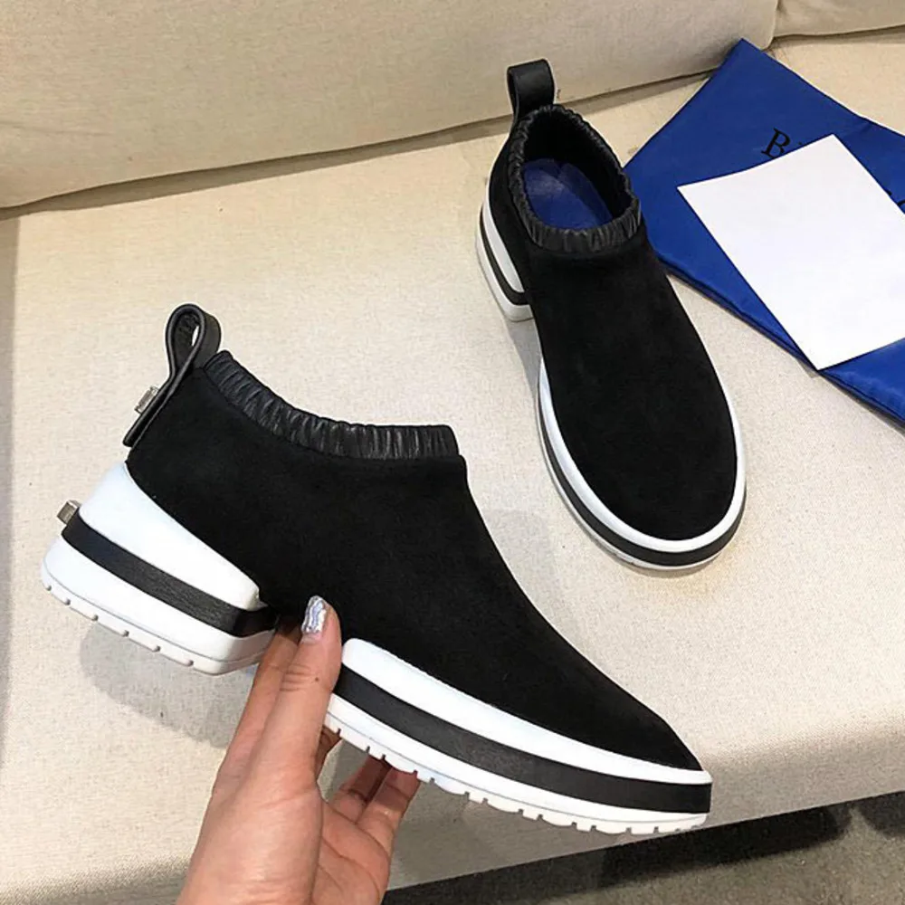 

BELLECOM Sheep suede thick sole leather round head elastic band fashion leisure sports running lady single shoes low top