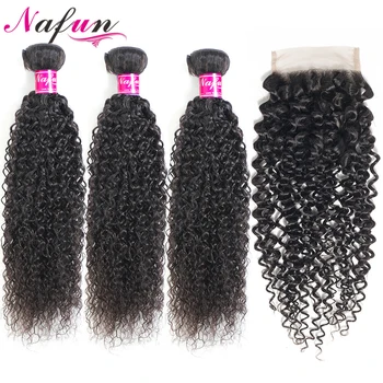 

NAFUN Brazilian Kinky Curly Hair Bundles With Closure Non-Remy Hair Extension Swiss Lace Human Hair 3 Bundles With Lace Closure