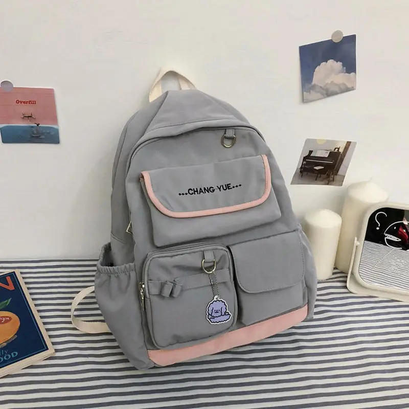 

Women Backpacks for School Teenagers Girls Nylon Bagpack Multifunction Casual College Style Backbag Gray Multipocket New